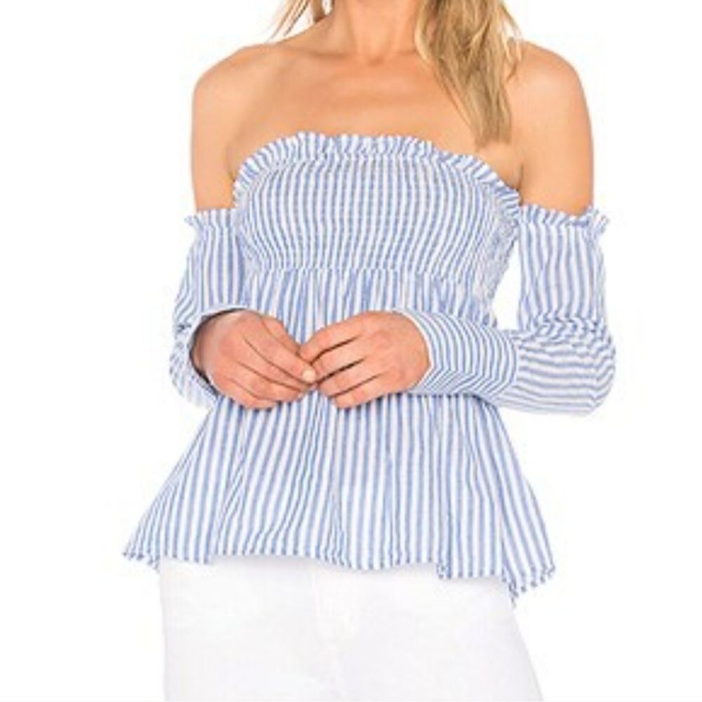 L'ACADEMIE Revolve Erin Blue Stripe 100% Cotton Off The Shoulder Blouse Medium
